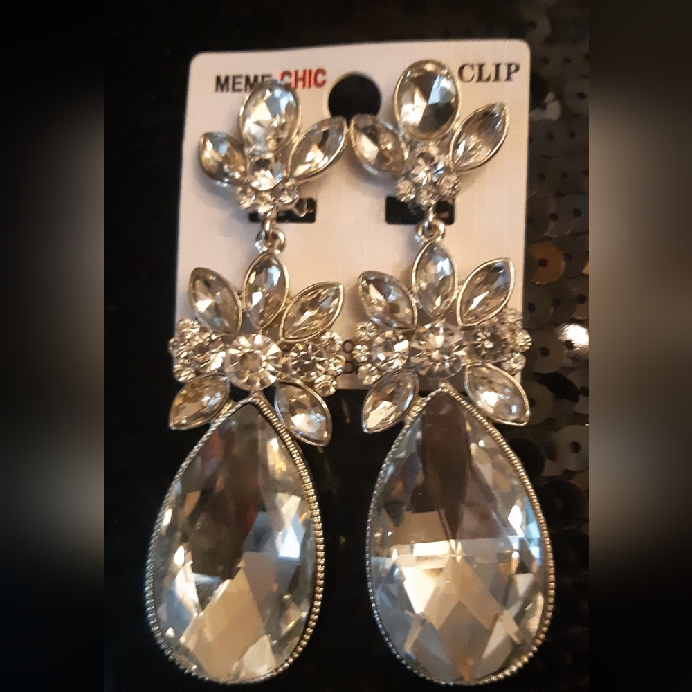 New Large Clip On Elegant Silver Crystal Drop Earrings